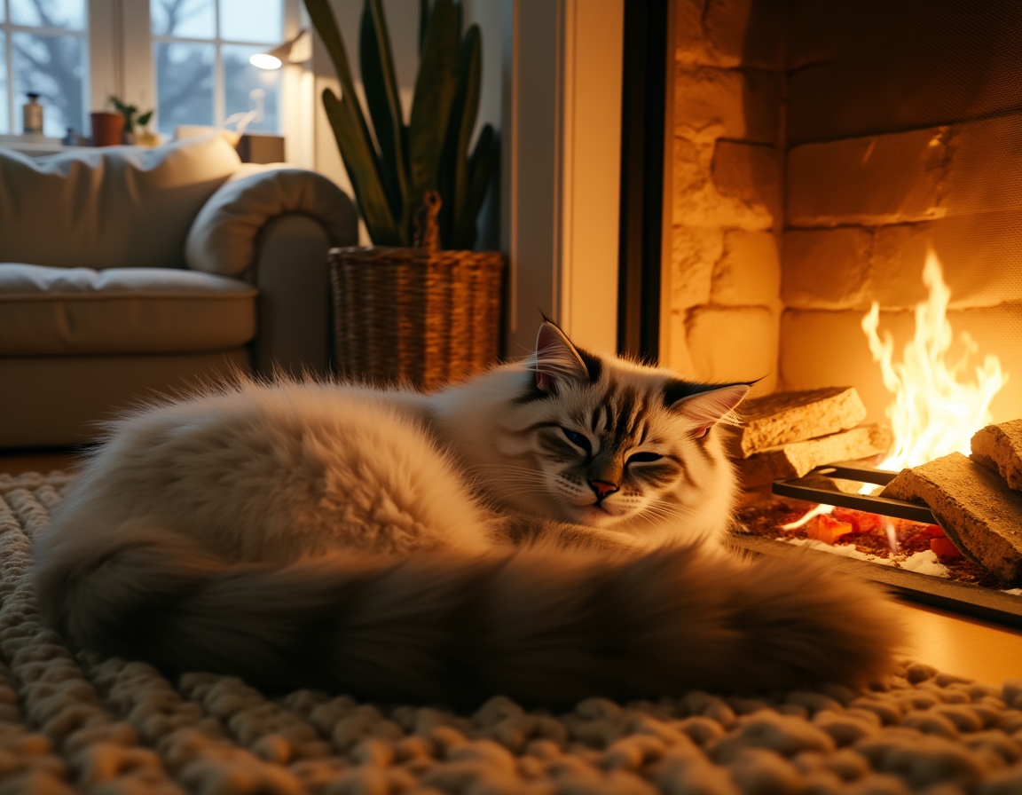 Cat is curled up on a plush rug in front of a glowing fireplace. Its fur glistens in the warm firelight, with cozy living room details like books and candles in the background.